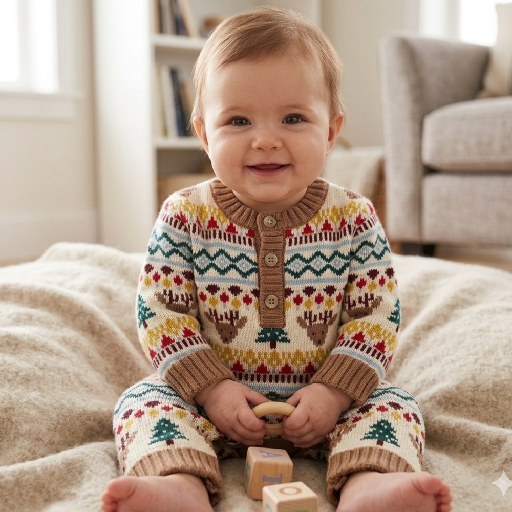 Old Navy Festive Knit Kids Footie - Brown, Green, Red, Yellow